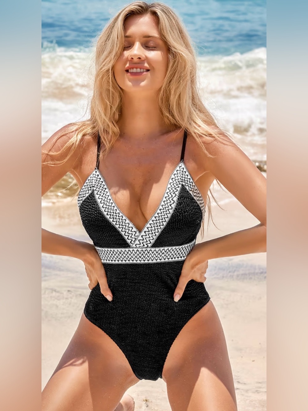 CUPSHE Black White Textured One Piece Swimsuit Plunge V Neck Cutout Back Swim